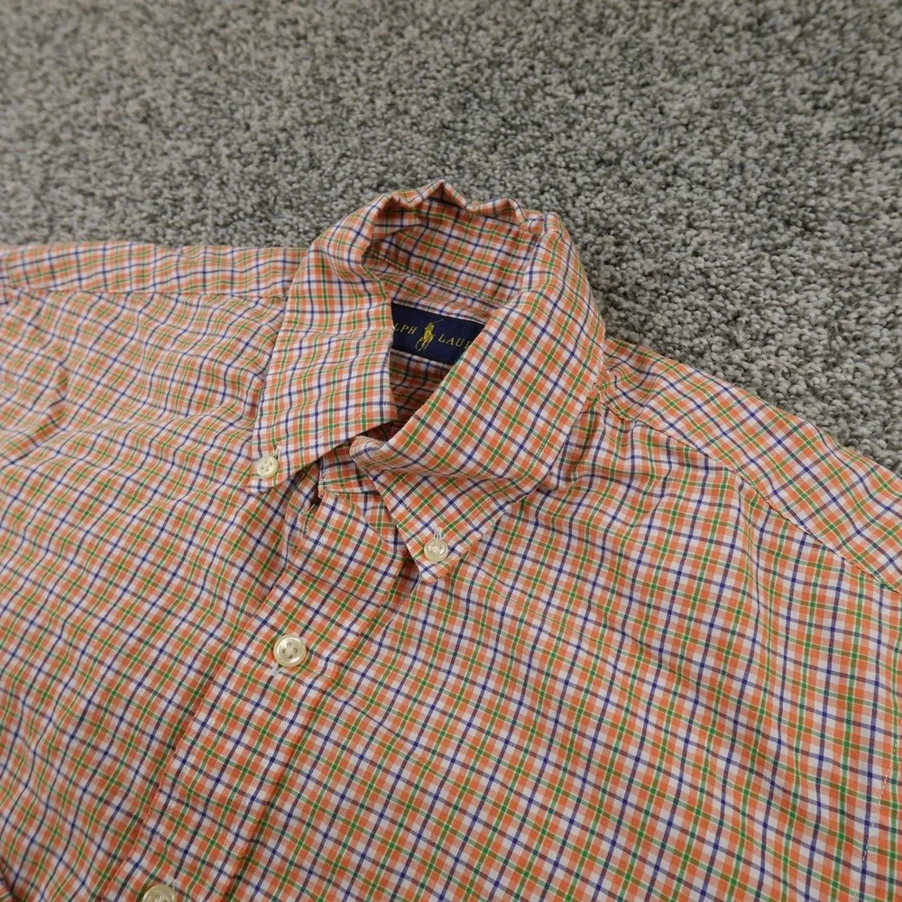 Ralph Lauren Shirt Mens S Orange Green Check Pony Button Up Long Sleeve Preppy‎